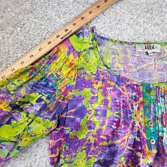 Tibi Silk Half Button Watercolor Dress Tie Waist Purple Green - Picture 11 of 11